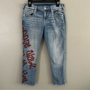 True Religion Cameron Slim Boyfriend Jeans Size 26 Graffiti Queens Walk Among Us